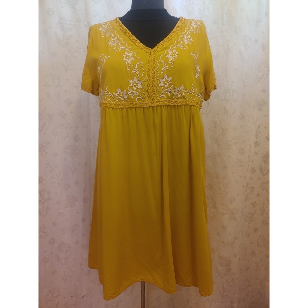 Emery Rose Mustard‎ Yellow Embroidered Dress Woman's Sz L bohemian Flow